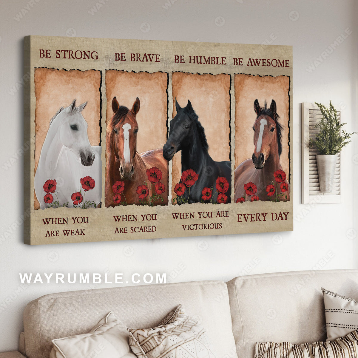 Quarter horses, Red poppy flower, Be strong when you are weak - Jesus Landscape Canvas Prints, Christian Wall Art