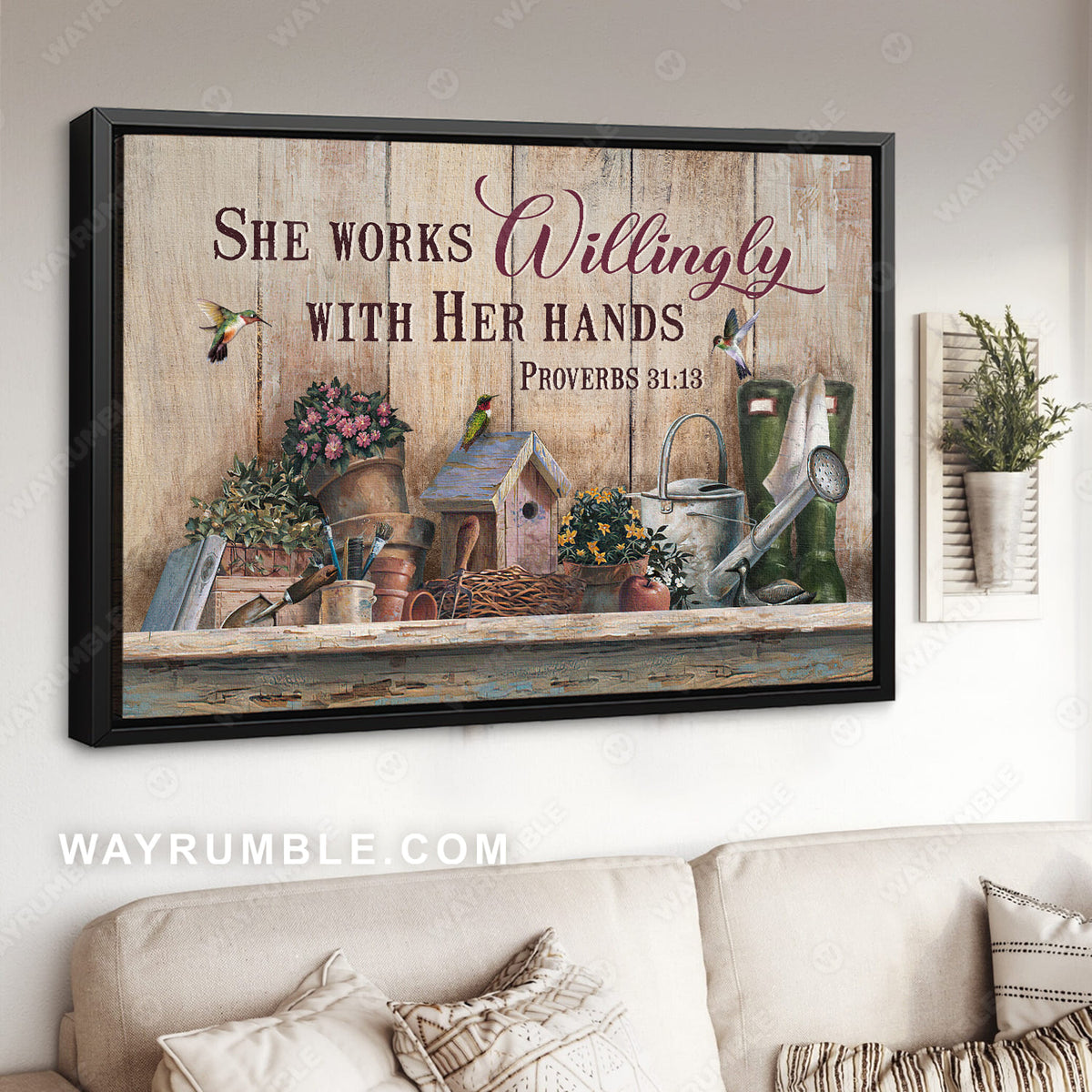 Garden tools, Flower vase, Wooden birdhouse, She works willingly with her hands - Jesus Landscape Canvas Prints, Christian Wall Art