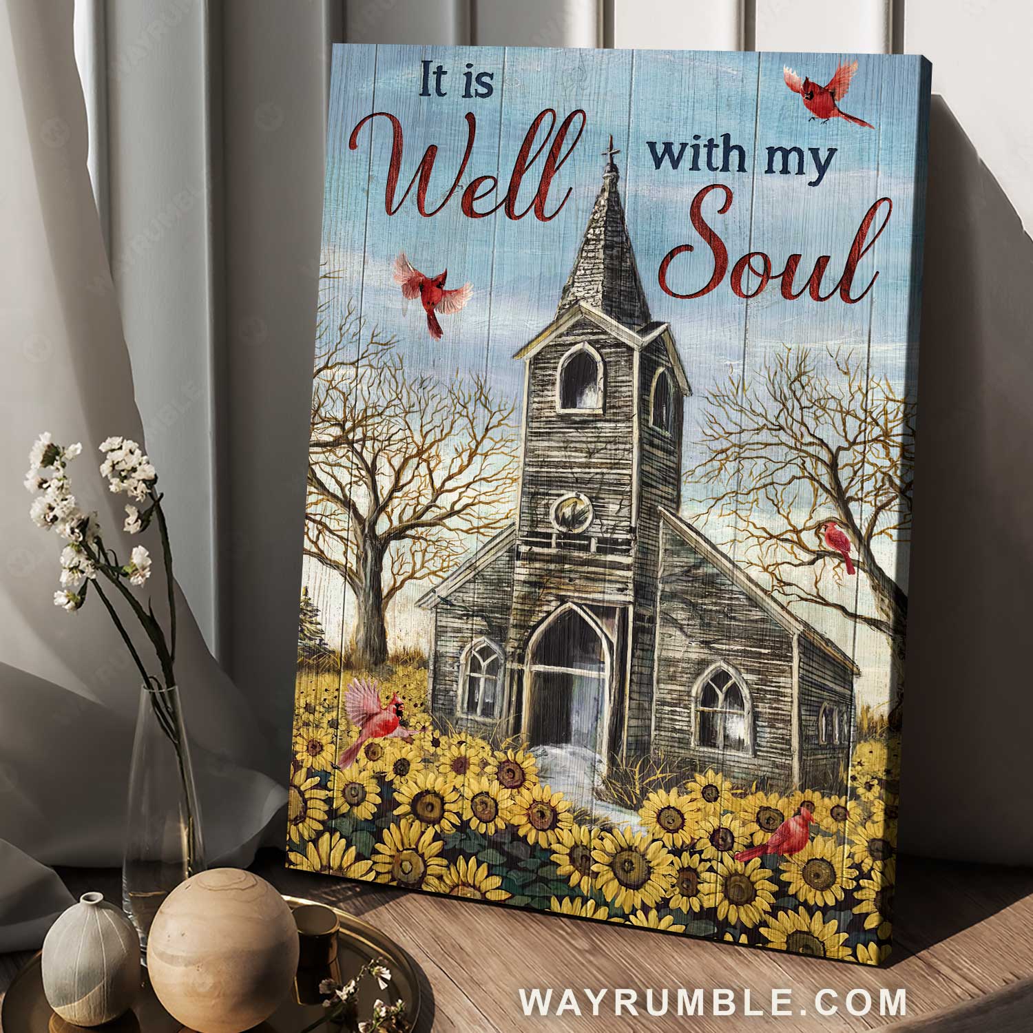Old church, Sunflower garden, Red cardinal, It is well with my soul - Jesus Portrait Canvas Prints, Home Decor Wall Art