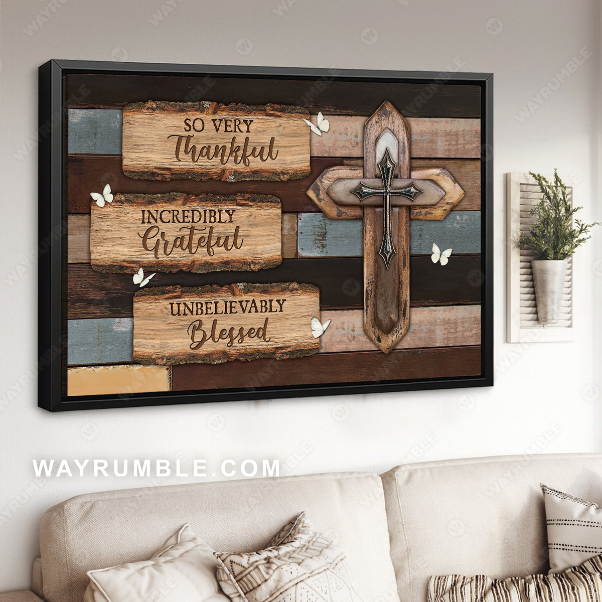 Beautiful sign, Stunning cross, Small butterfly, So very thankful - Jesus Landscape Canvas Prints, Home Decor Wall Art