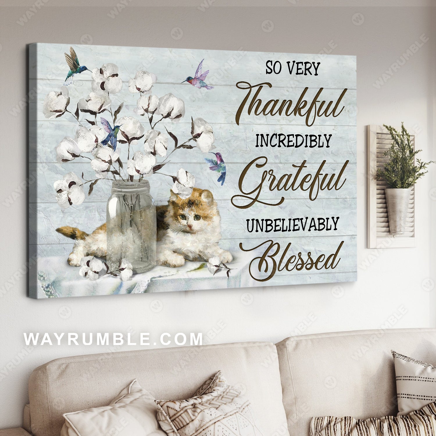 White cotton flower, Pretty cat drawing, Hummingbird, So very thankful - Jesus Landscape Canvas Prints, Christian Wall Art
