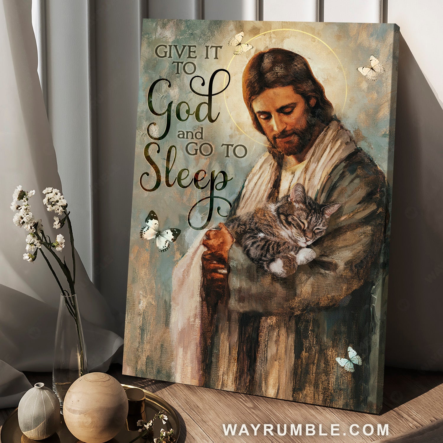 Amazing Jesus, Little cat, Beautiful butterfly, Give it to God and go to sleep - Jesus Portrait Canvas Prints, Home Decor Wall Art