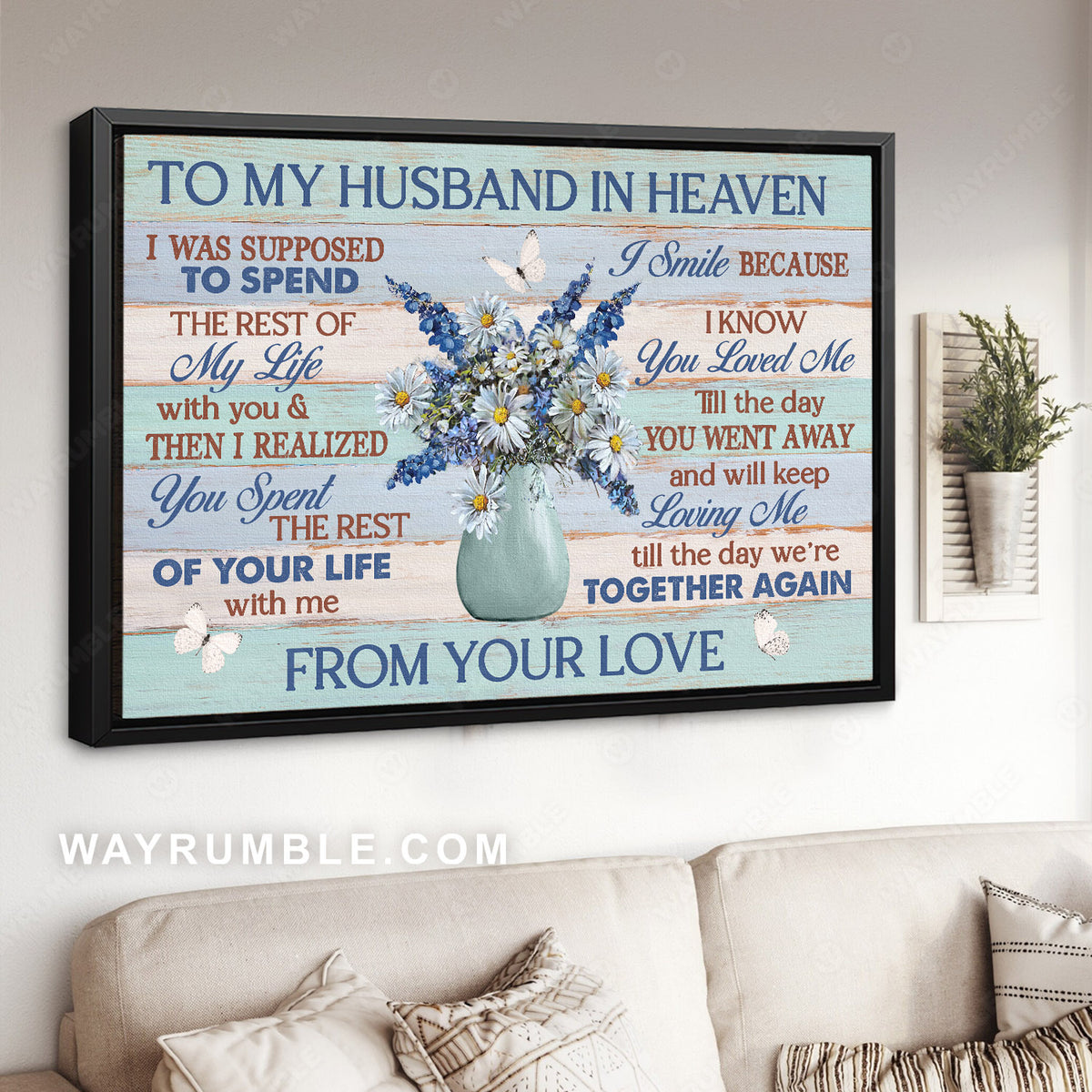 Daisy drawing, White butterfly, Blue hyacinth, To my husband in heaven - Heaven Landscape Canvas Prints, Wall Art