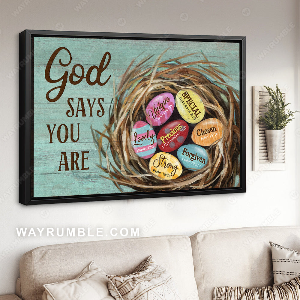 Colorful eggs, Bird nest, Mint background, God says you are unique - Jesus Landscape Canvas Prints, Christian Wall Art