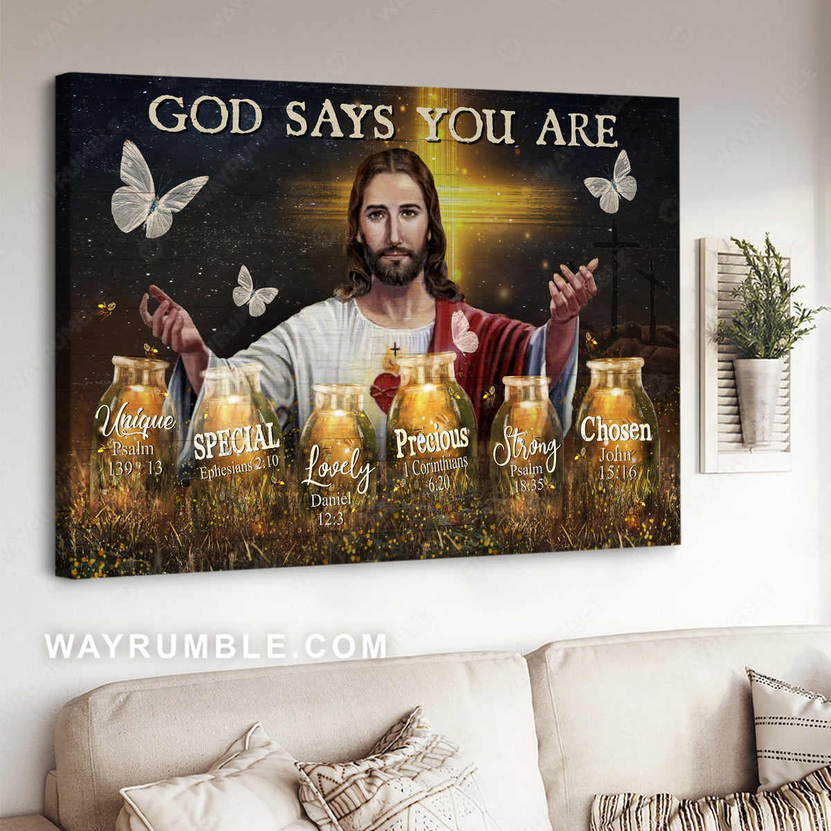 The real face of Jesus, Pretty firefly, Crystal butterfly, God says you are unique - Jesus Landscape Canvas Prints, Christian Wall Art