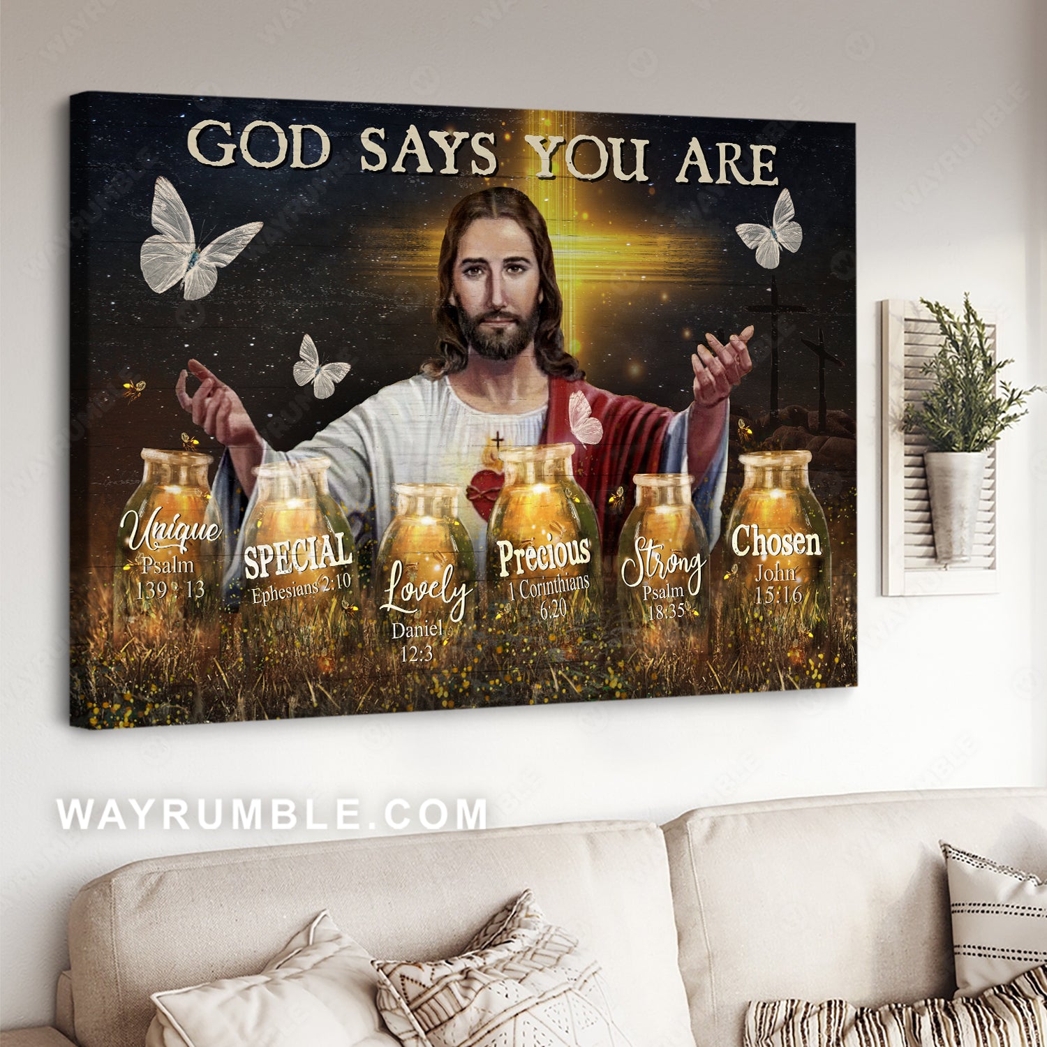 The real face of Jesus, Pretty firefly, Crystal butterfly, God says you are unique - Jesus Landscape Canvas Prints, Christian Wall Art