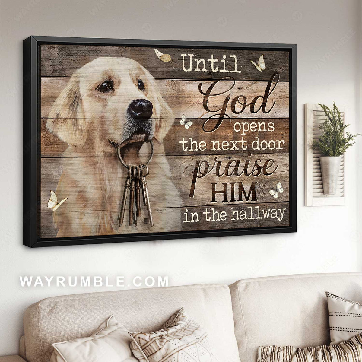 Little Golden Retriever, Golden key, Until God opens the next door - Jesus Landscape Canvas Prints, Home Decor Wall Art