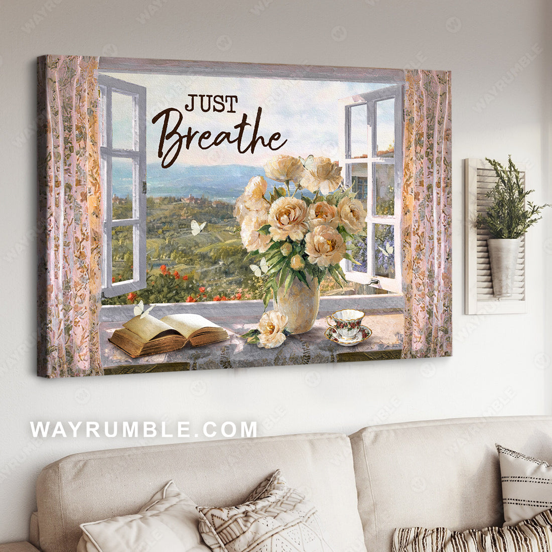 Climbing rose vase, Antique bible, Vintage cup, Just breathe - Jesus Landscape Canvas Prints, Christian Wall Art
