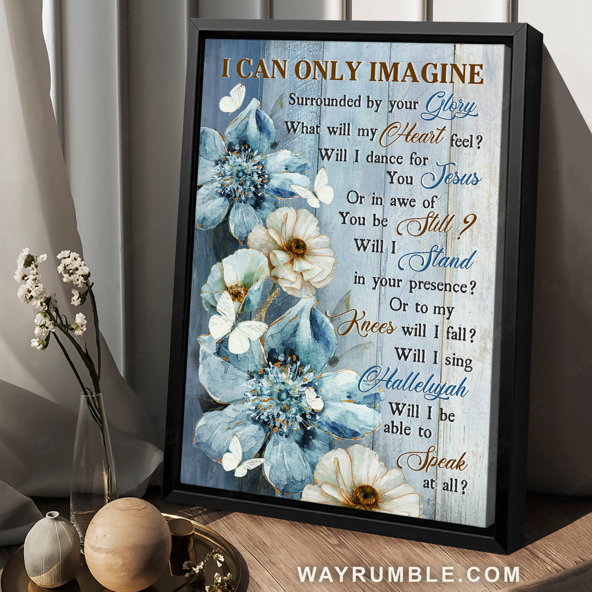 Beautiful flower painting, Blue flower, White butterfly, I can only imagine - Jesus Portrait Canvas Prints, Christian Wall Art