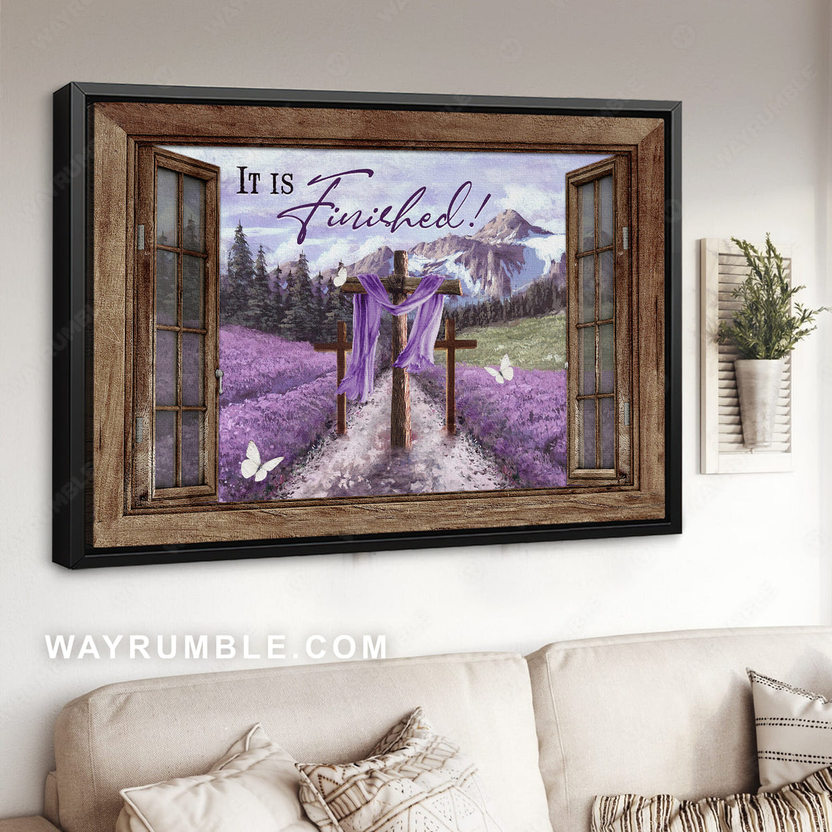 Lavender field, Beautiful forest, Cross drawing, It is finished - Jesus Landscape Canvas Prints, Christian Wall Art