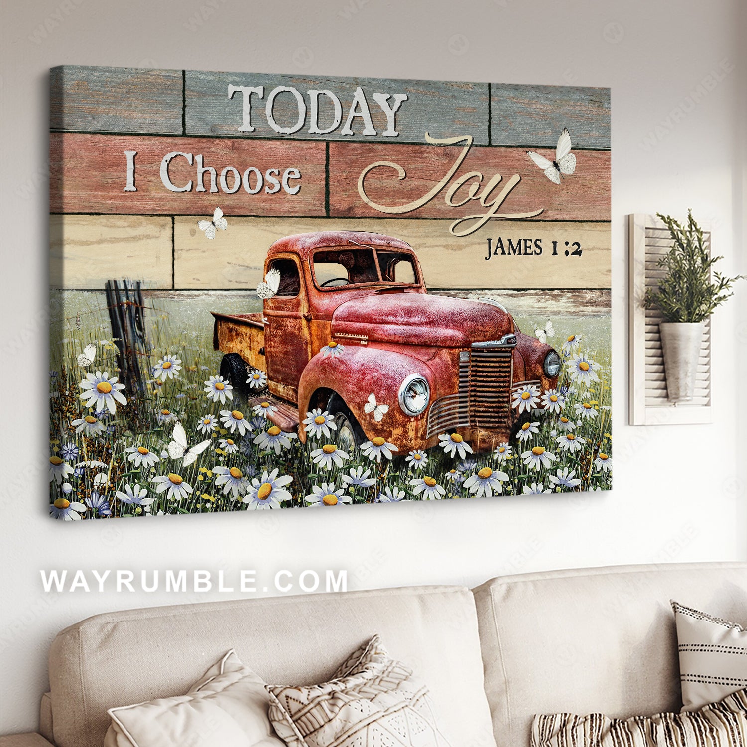 Antique ladybug car, Daisy field, White butterfly, Today I choose joy - Jesus Landscape Canvas Prints, Christian Wall Art