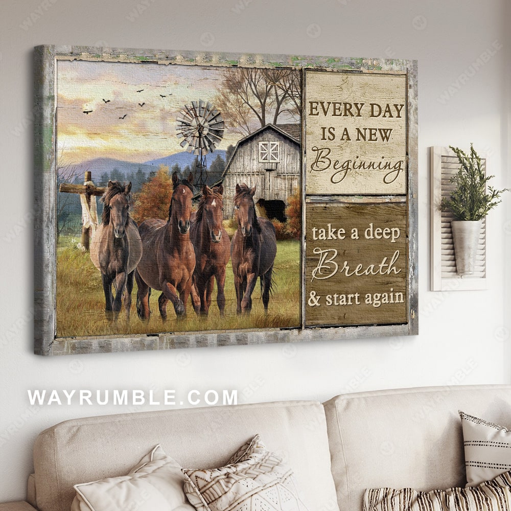 Running horses, Beautiful sunset, Green meadow, Every day is a new beginning - Jesus Landscape Canvas Prints, Wall Art