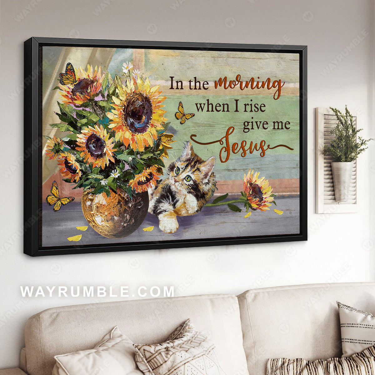 Watercolor sunflower, Cute cat, In the morning when I rise give me Jesus - Jesus Landscape Canvas Prints, Christian Wall Art
