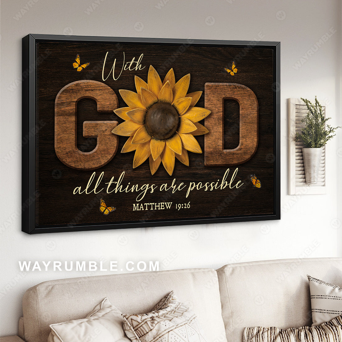 Pretty sunflower, Orange butterfly, With God all things are possible - Jesus Landscape Canvas Prints, Christian Wall Art
