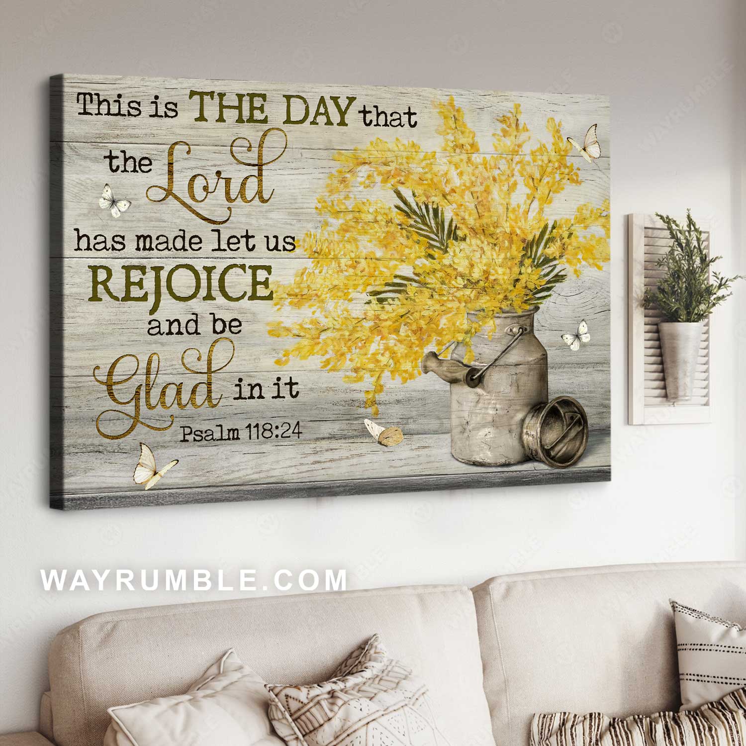 Yellow flower vase, Small butterfly, The day that Lord has made let us rejoice - Jesus Landscape Canvas Prints, Home Decor Wall Art