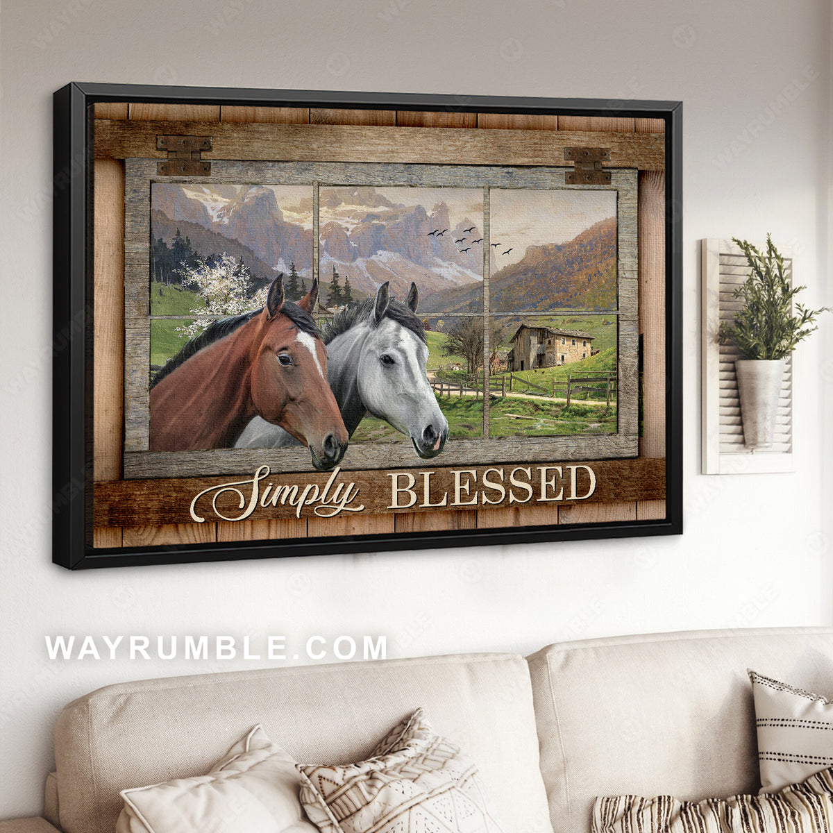 Horse drawing, Green meadow land, Countryside painting, Simply blessed - Jesus Landscape Canvas Prints, Christian Wall Art