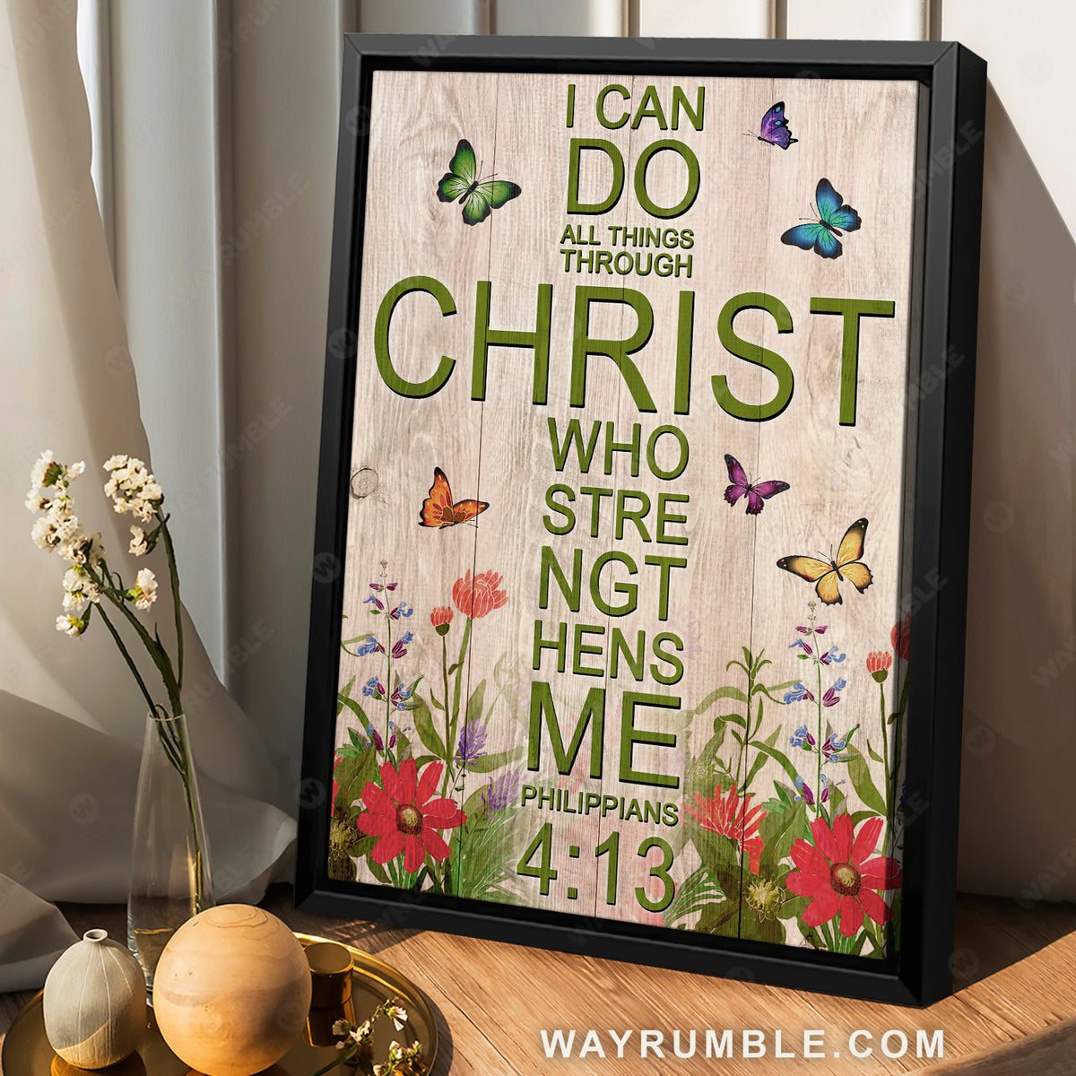 Pretty garden, Colorful butterfly, I can do all things through Christ - Jesus Portrait Canvas Prints, Christian Wall Art