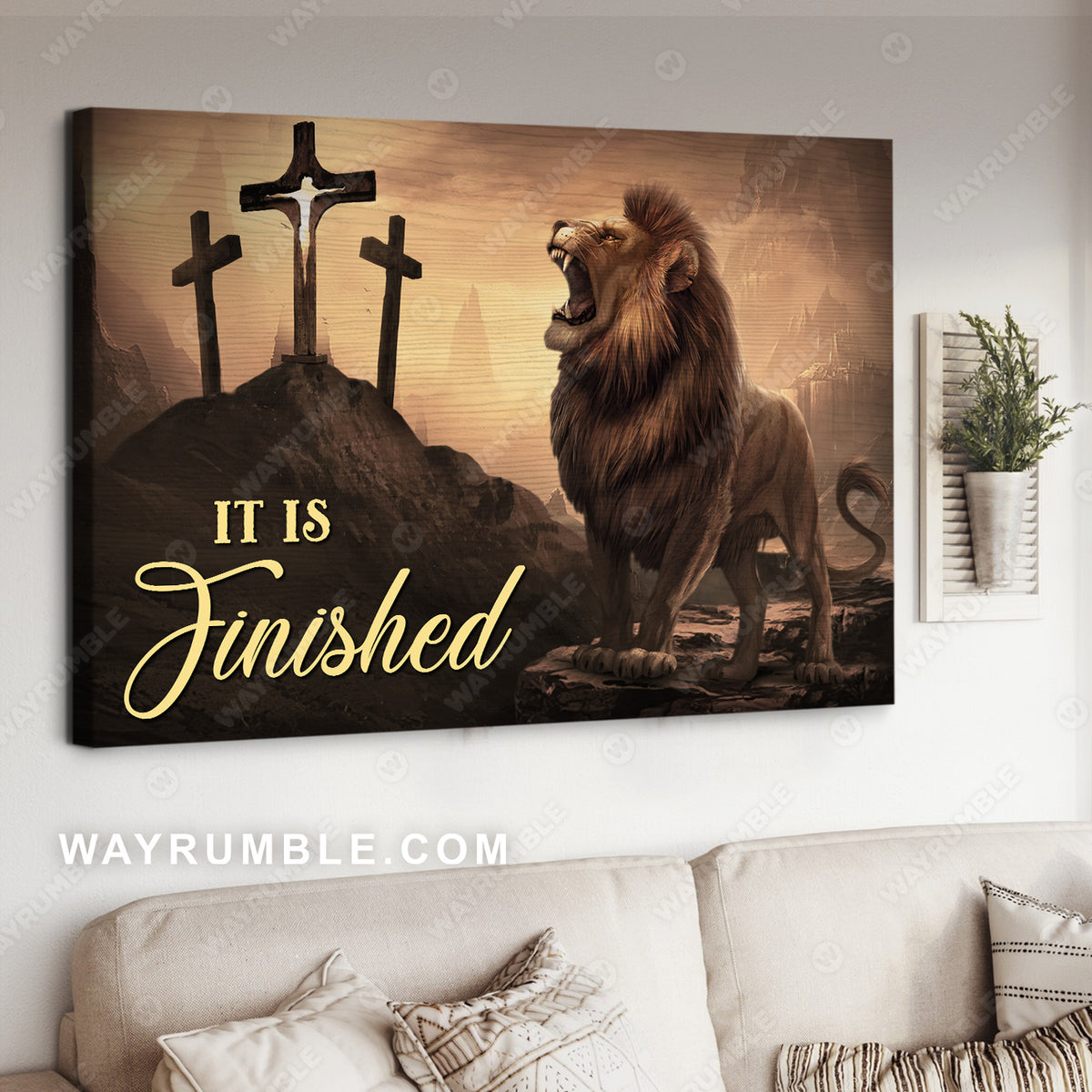 Lion king, Rock mountain, Cross symbol, King of Kings, It is finished - Jesus Landscape Canvas Prints, Christian Wall Art