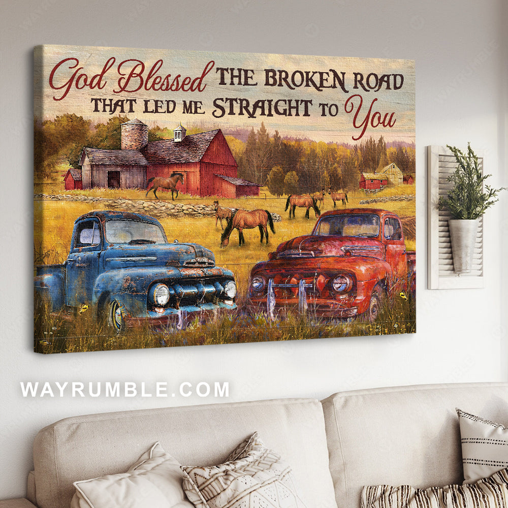 Old ladybug car, Rice field, Horse drawing, God blessed the broken road - Jesus Landscape Canvas Prints, Christian Wall Art