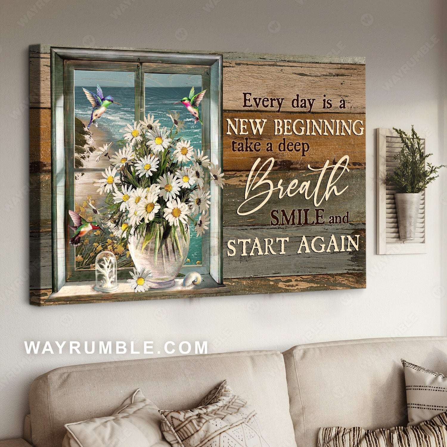 Daisy flower, Ocean view, Hummingbird painting, Every day is a new beginning - Jesus Landscape Canvas Prints, Home Decor Wall Art