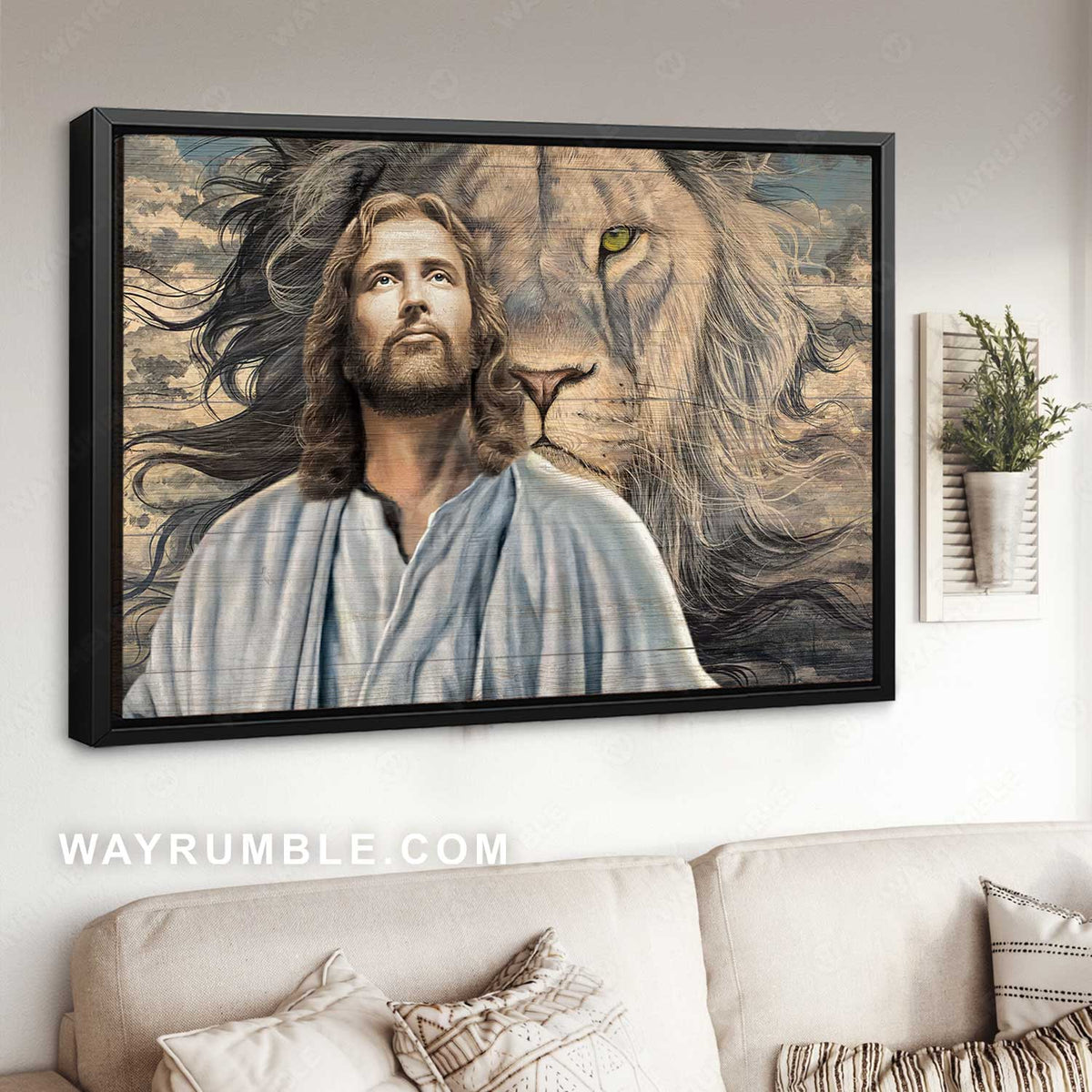 Beautiful Jesus painting, Big lion background, Lion of Judah - Jesus Landscape Canvas Prints, Home Decor Wall Art