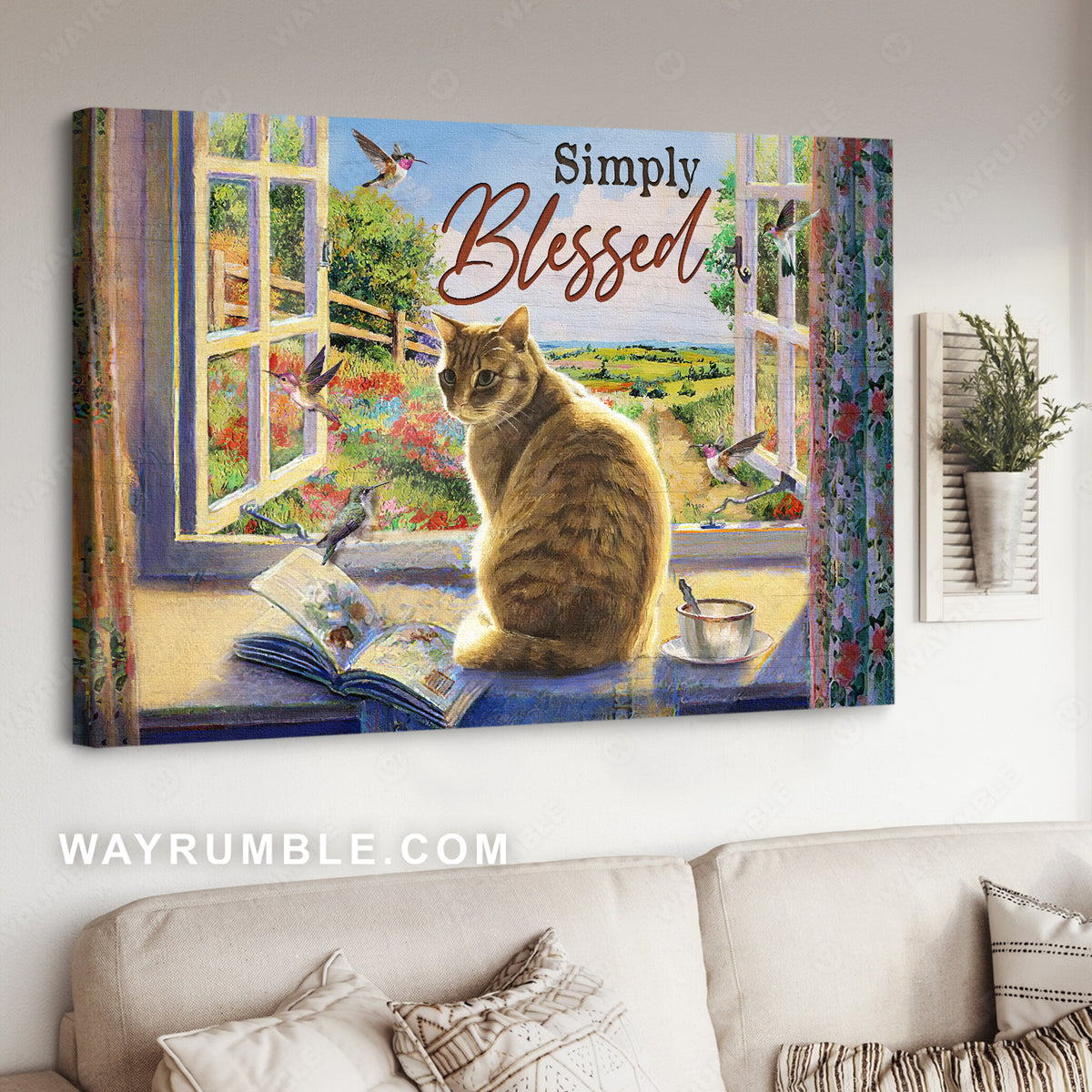 Cute cat, Summer garden, Colorful hummingbird, Simply blessed - Jesus Landscape Canvas Prints, Christian Wall Art