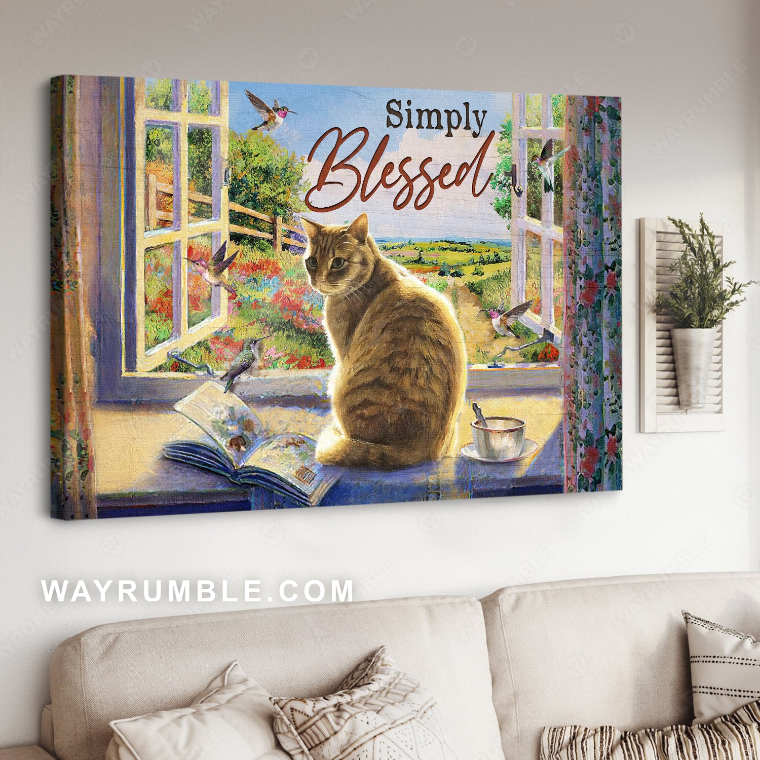 Cute cat, Summer garden, Colorful hummingbird, Simply blessed - Jesus Landscape Canvas Prints, Christian Wall Art