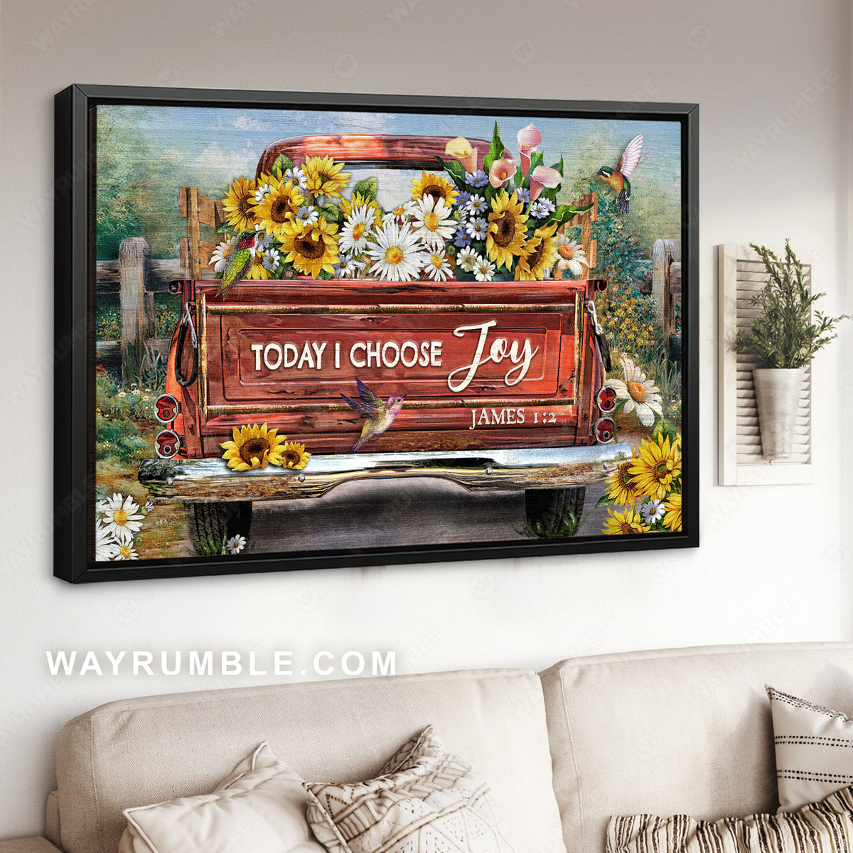 Vintage truck, Flower field, Hummingbird drawing, Today I choose joy - Jesus Landscape Canvas Prints, Christian Wall Art