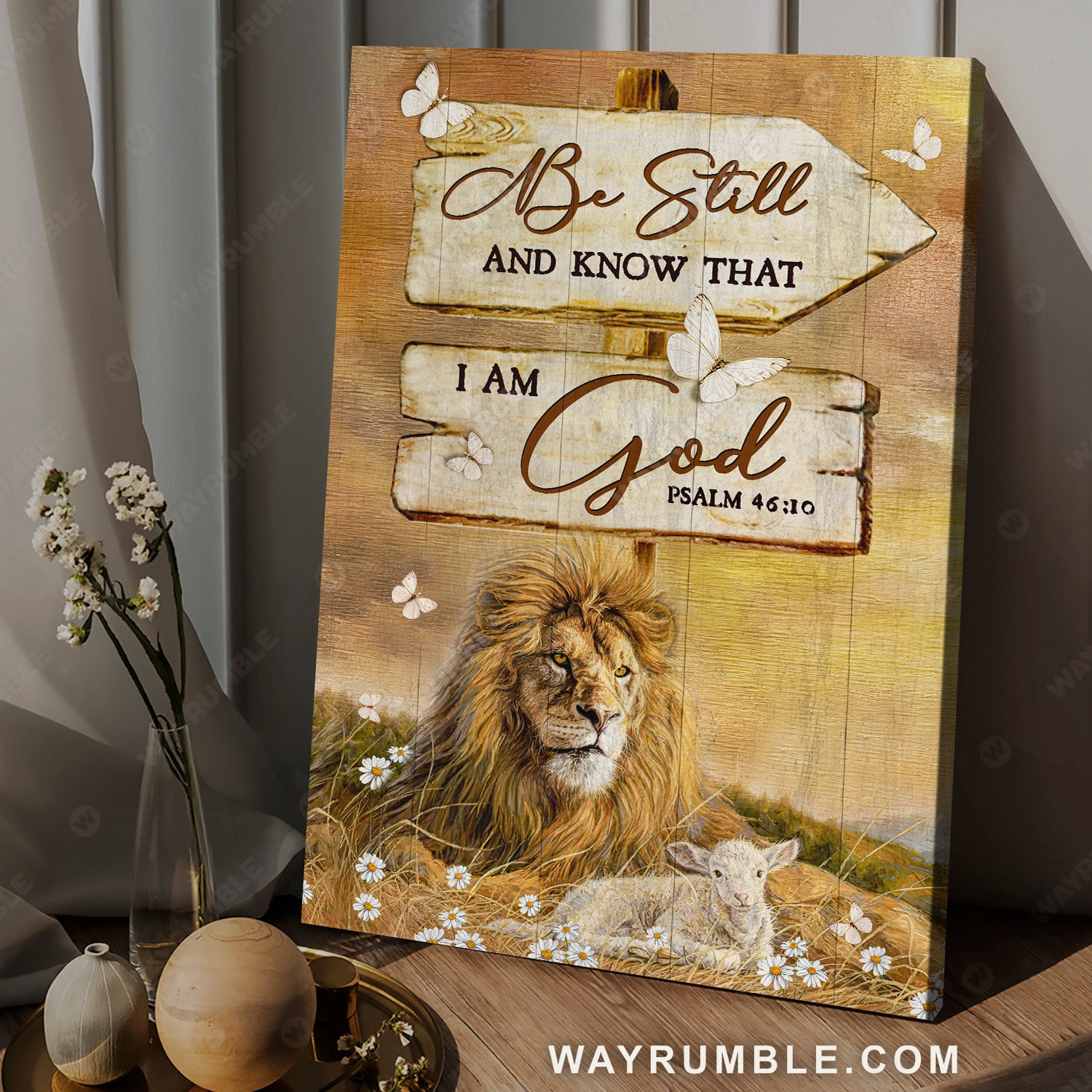Stunning lion, Wooden sign, Sunset background, Be still and know that I am God - Jesus Portrait Canvas Prints, Christian Wall Art