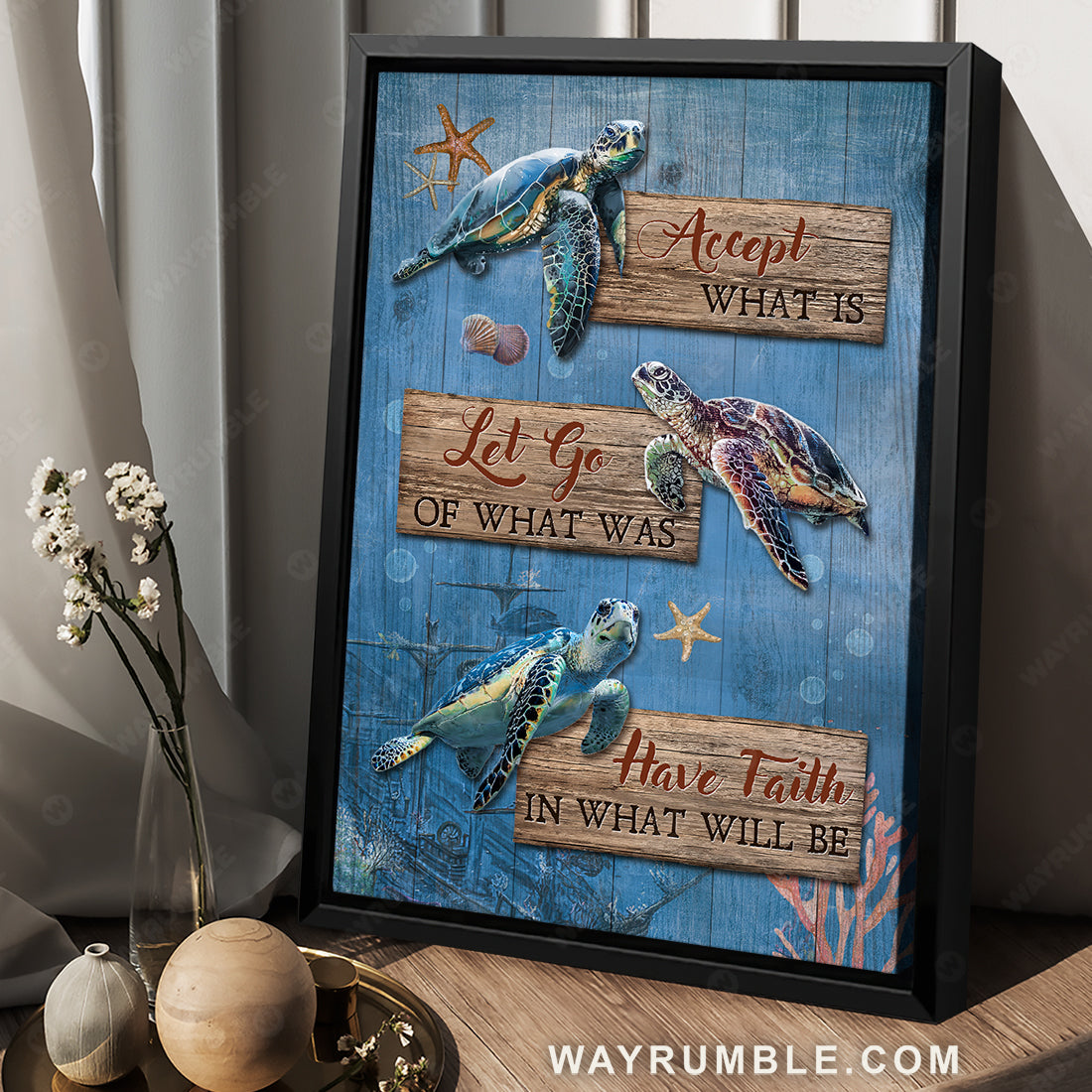 Beautiful sea turtle, Blue ocean, Colorful starfish, Accept what is let go - Jesus Portrait Canvas Prints, Christian Wall Art