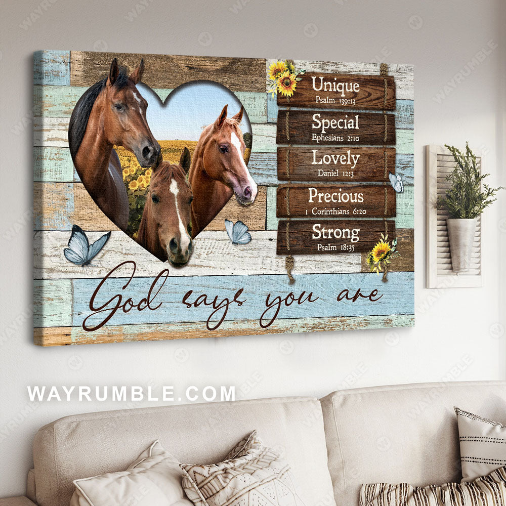 Quarter horses, Heart frame, Sunflower field, God says you are unique - Jesus Landscape Canvas Prints, Christian Wall Art