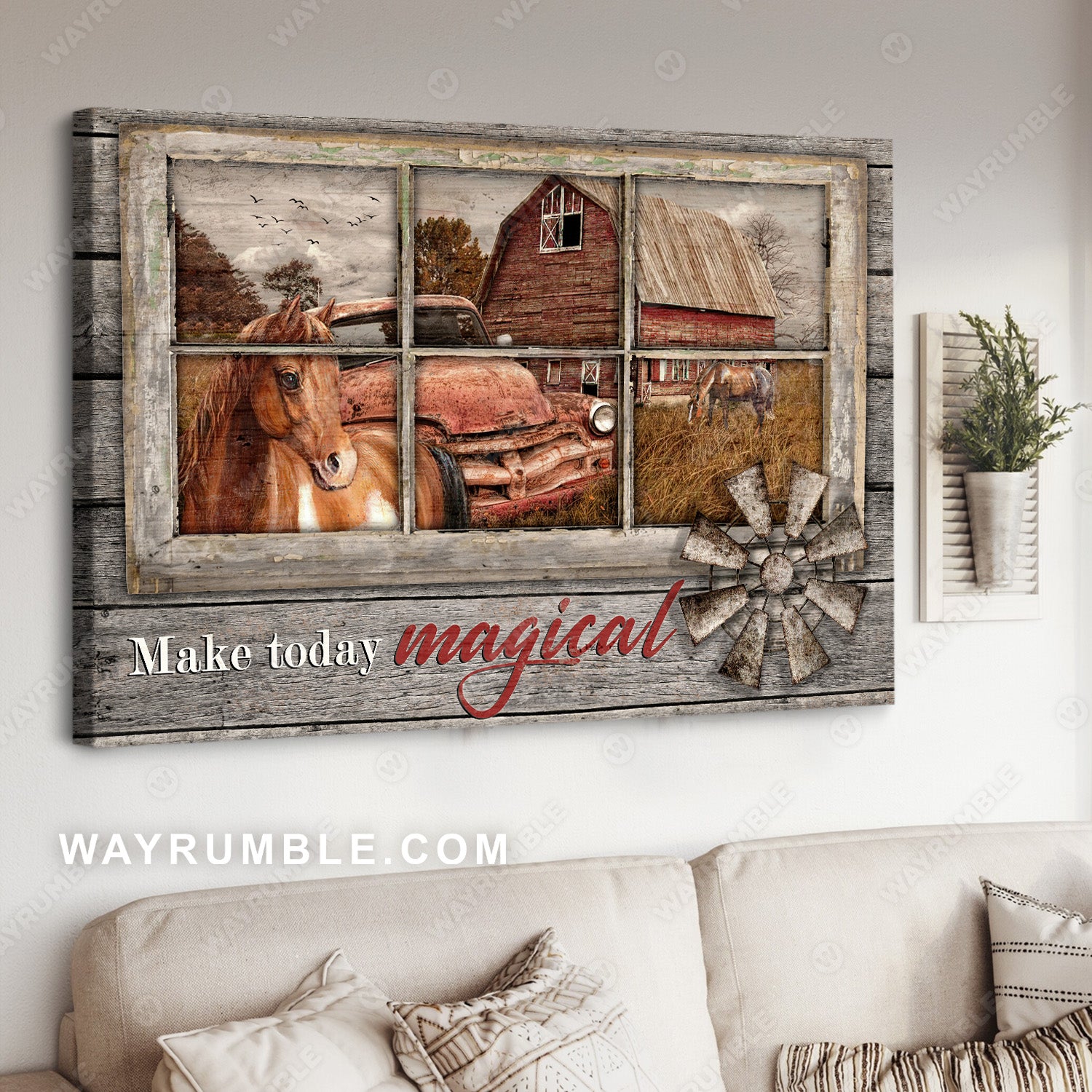 Old ladybug car, Brown horse, Rice field, Make today magical - Jesus Landscape Canvas Prints, Christian Wall Art