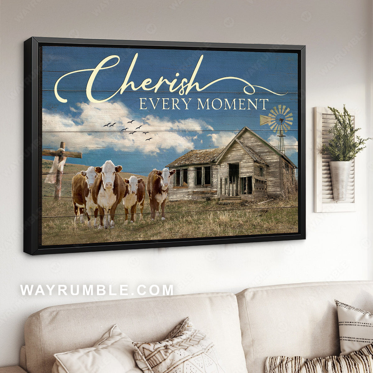 Spotted cows, Old barn, Meadow land, Cherish every moment - Jesus Landscape Canvas Prints, Christian Wall Art