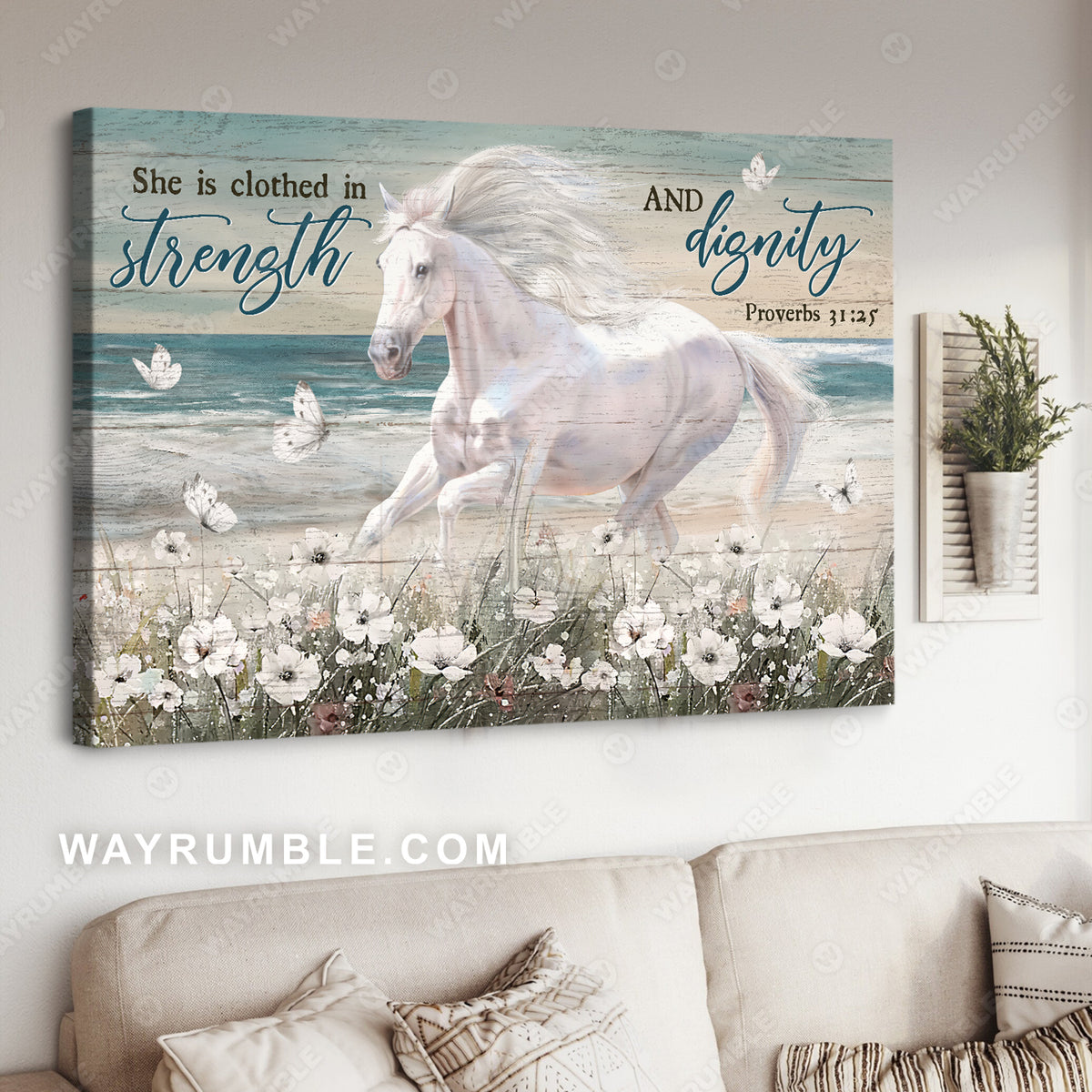 Running horse, Blue ocean, White flower, She is clothed in strength - Jesus Landscape Canvas Prints, Christian Wall Art
