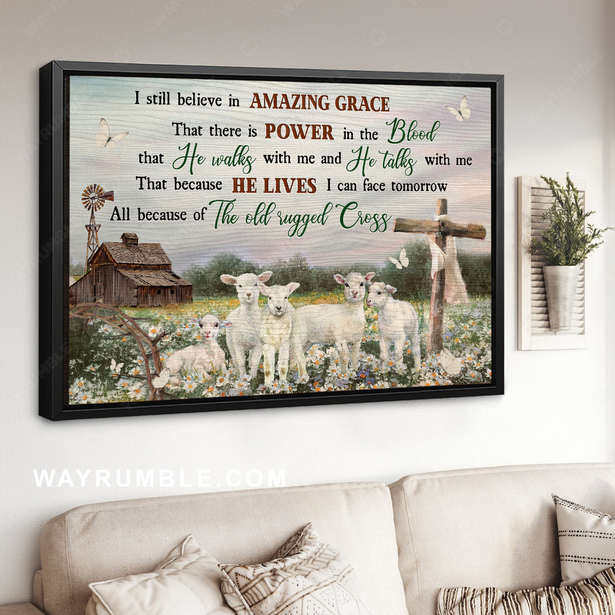 Lovely lamb, Pretty daisy field, Cross symbol, I still believe in amazing grace - Jesus Landscape Canvas Prints, Home Decor Wall Art