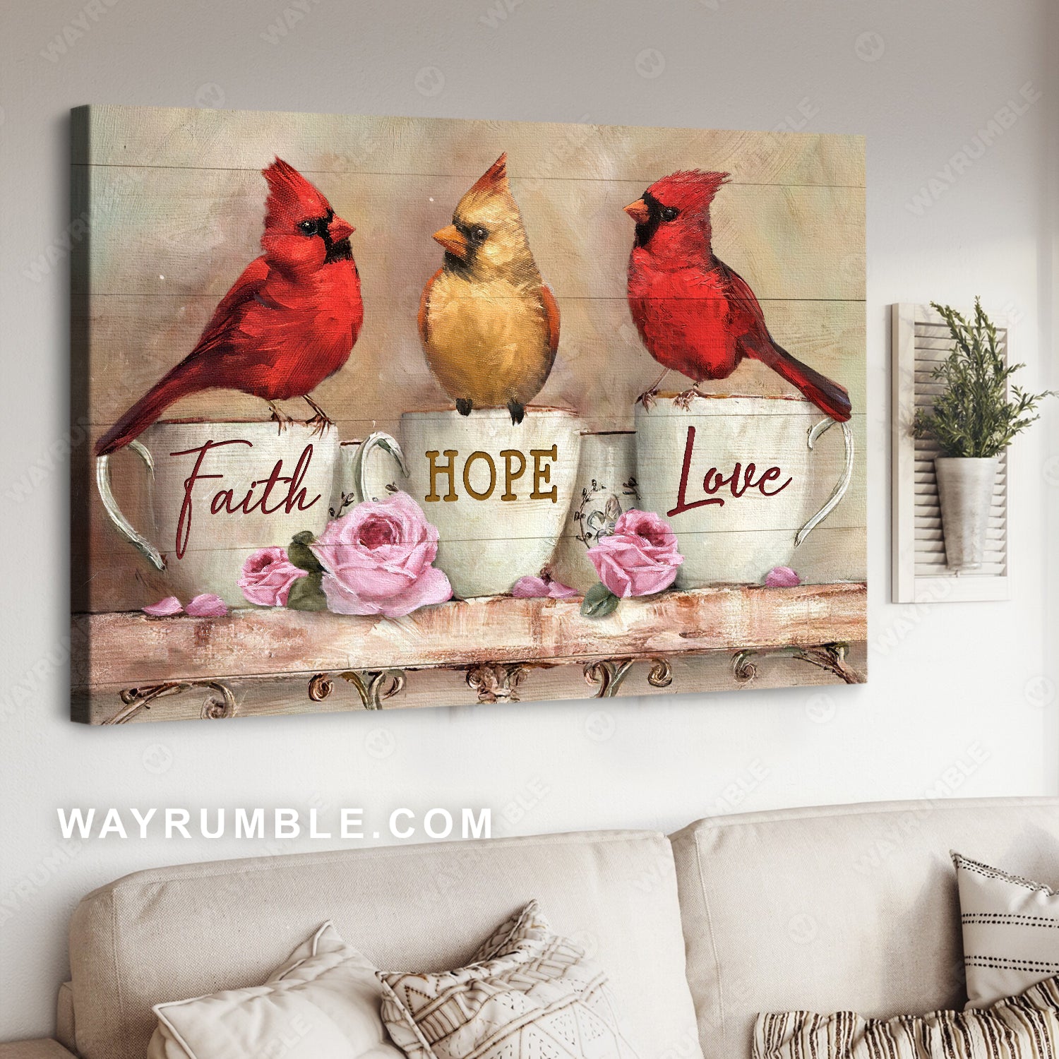 Little cardinal, Vintage cup, Pink rose, Faith Hope Love - Jesus Landscape Canvas Prints, Christian Wall Art