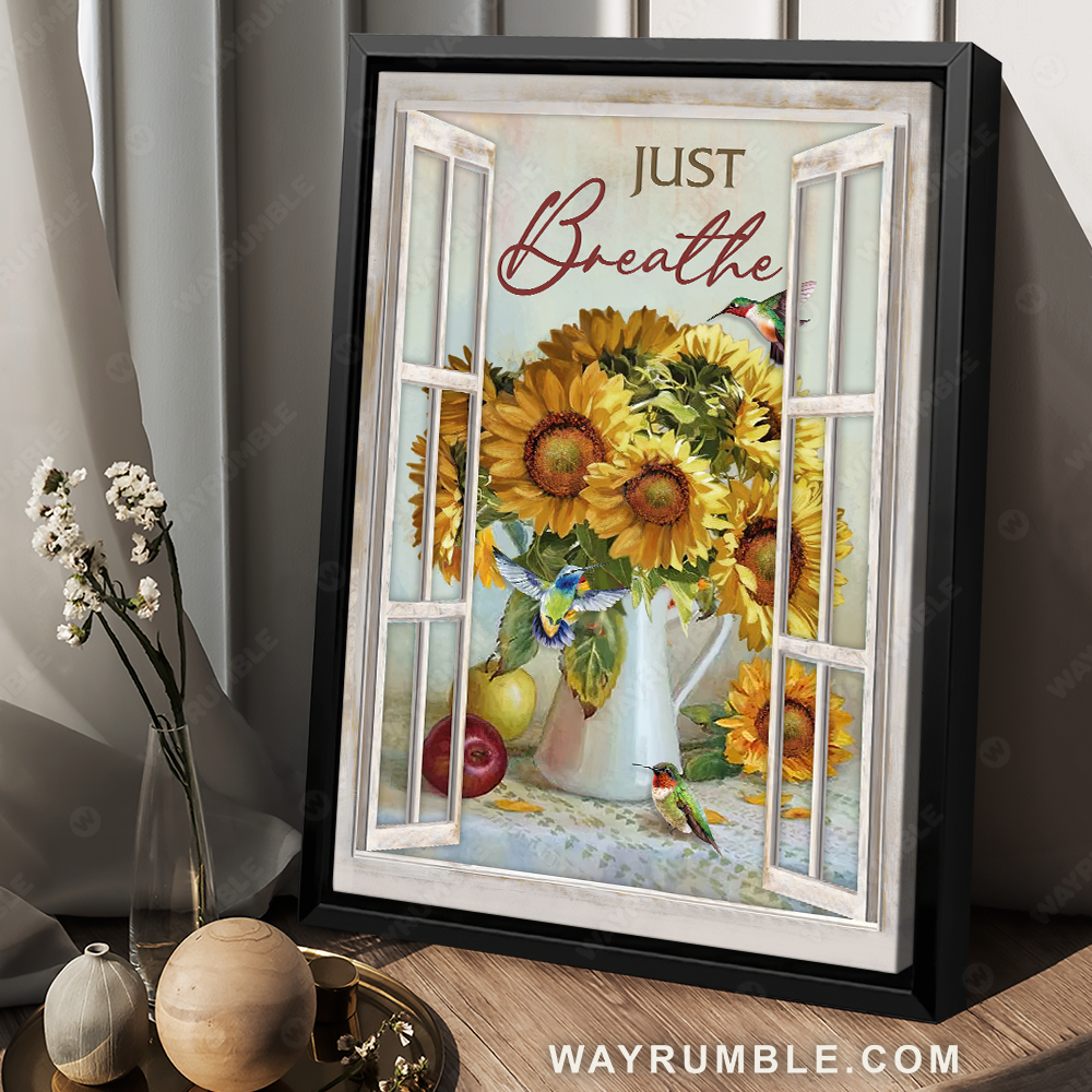 Still life painting, Pretty sunflower, Colorful hummingbird, Just breathe - Jesus Portrait Canvas Prints, Christian Wall Art