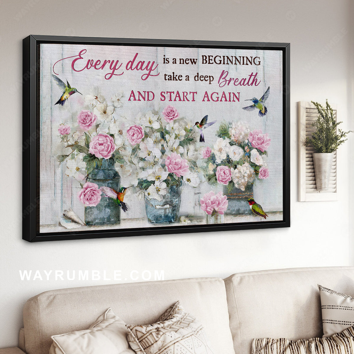 Pink peony flower, Jasmine vase, Hummingbird, Every day is a new beginning - Jesus Landscape Canvas Prints, Home Decor Wall Art