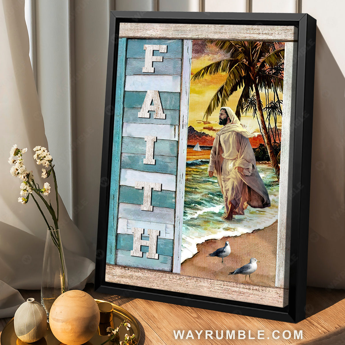 Jesus walking on water, Orange sunset, Beautiful seagull, Faith - Jesus Portrait Canvas Prints, Christian Wall Art