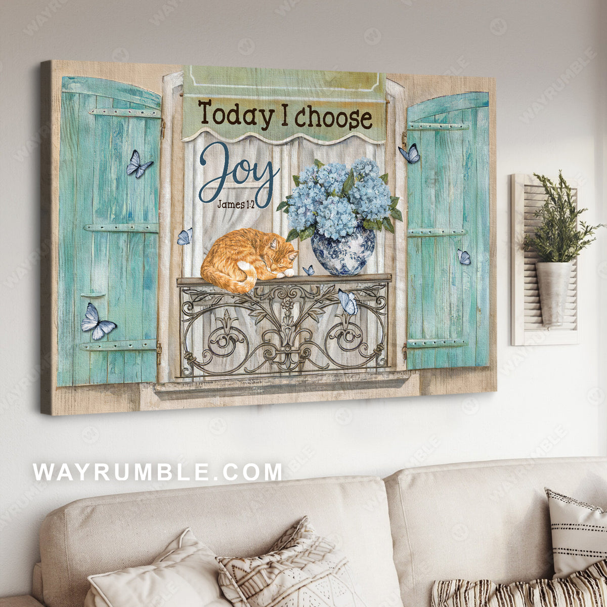 Lovely painting, Brown cat, Blue hydrangea flower, Today I choose joy - Jesus Landscape Canvas Prints, Home Decor Wall Art