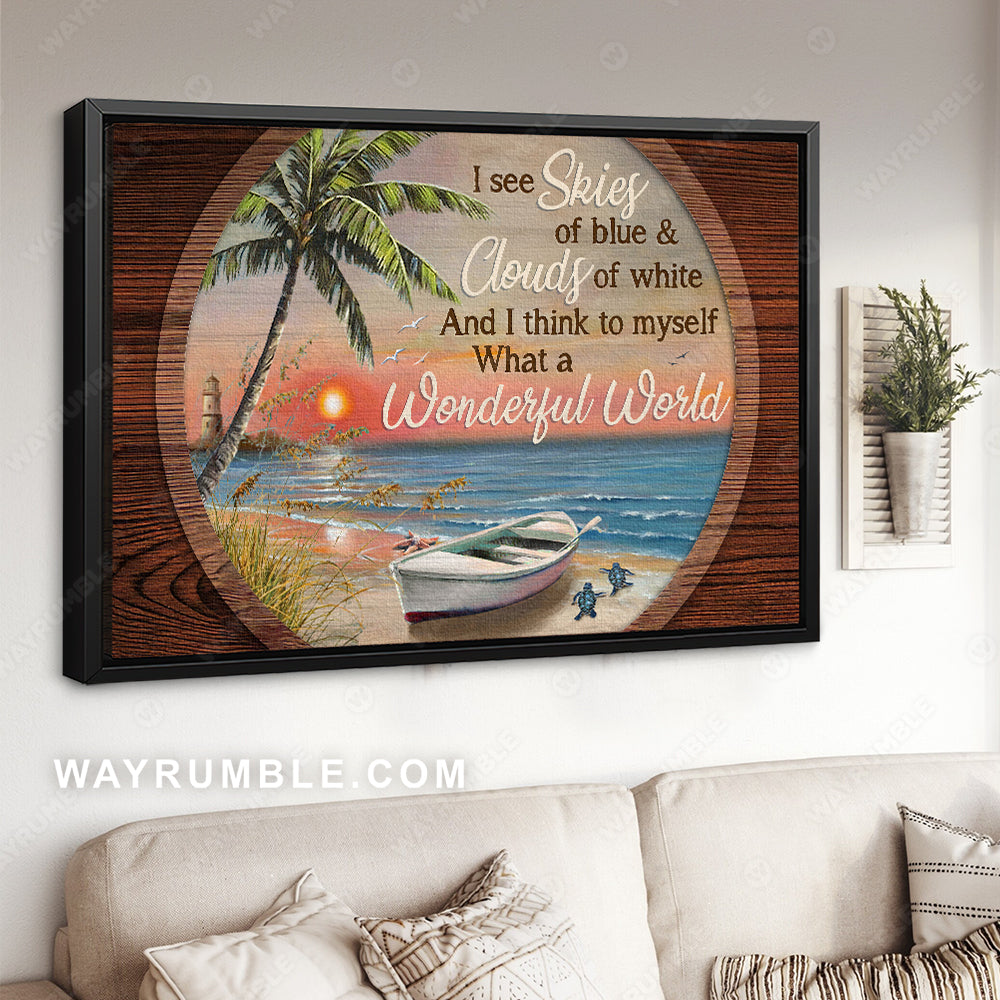 Red sunset, Beach painting, Circle frame, What a beautiful world - Jesus Landscape Canvas Prints, Christian Wall Art