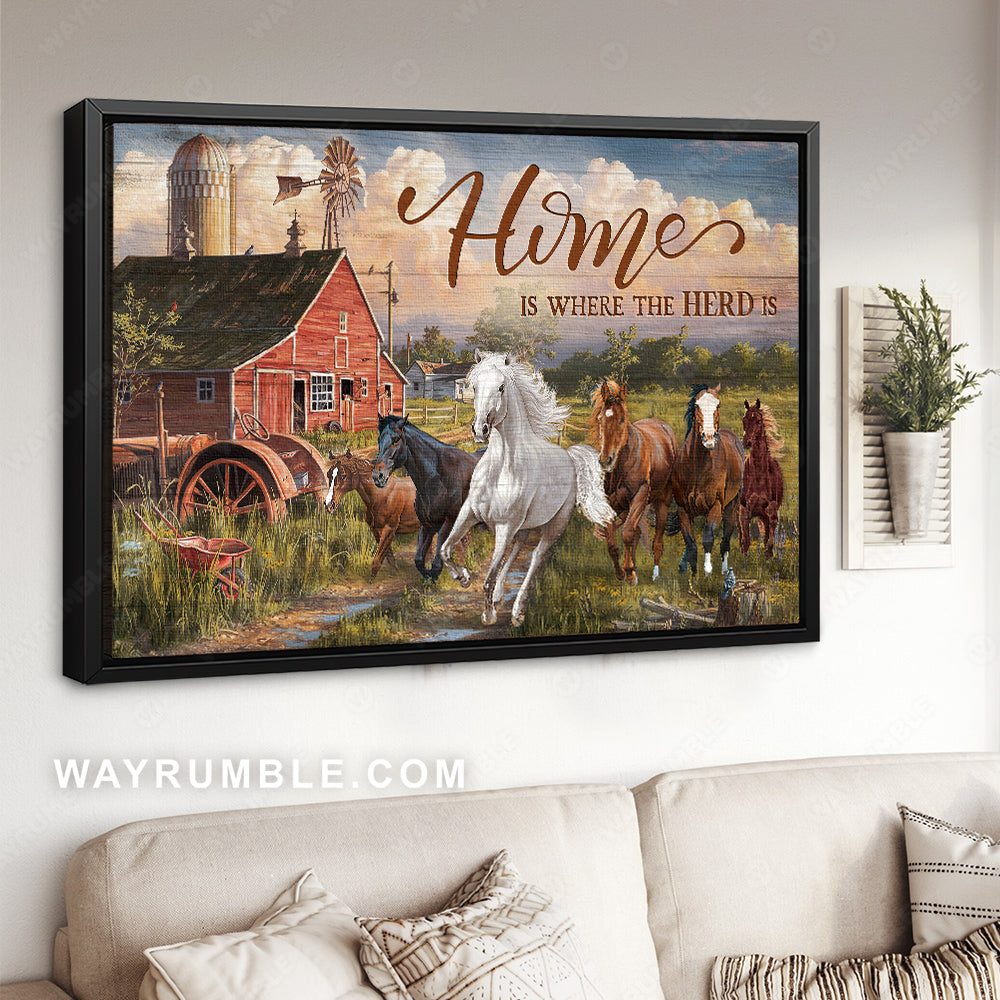 Green meadow land, Running horse, Blue sky, Home is where the herd is - Jesus Landscape Canvas Prints, Christian Wall Art