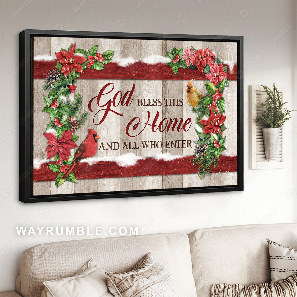 Christmas vibe, Cardinal drawing, Poinsettia flower frame, God bless this home - Jesus Landscape Canvas Prints, Christmas Wall Art