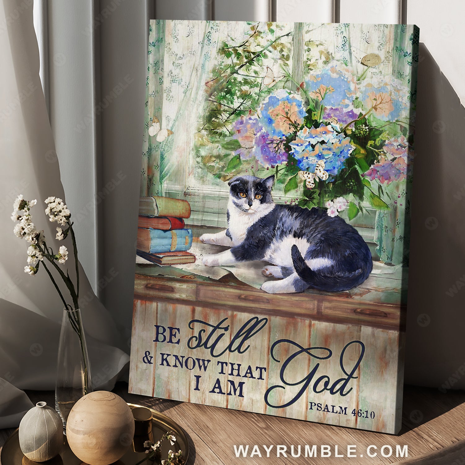 Beautiful cat drawing, Hydrangea vase, Book, Be still and know that I am God - Jesus Portrait Canvas Prints, Christian Wall Art
