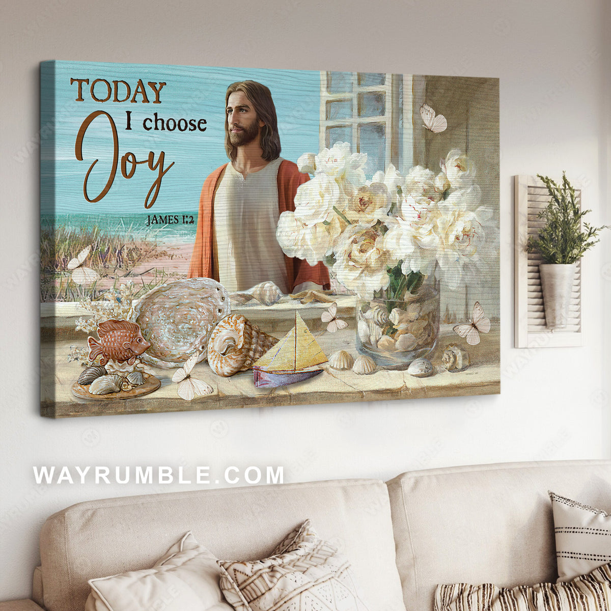 Beautiful Jesus, Beach painting, White flower, Today I choose joy - Jesus Landscape Canvas Prints, Home Decor Wall Art