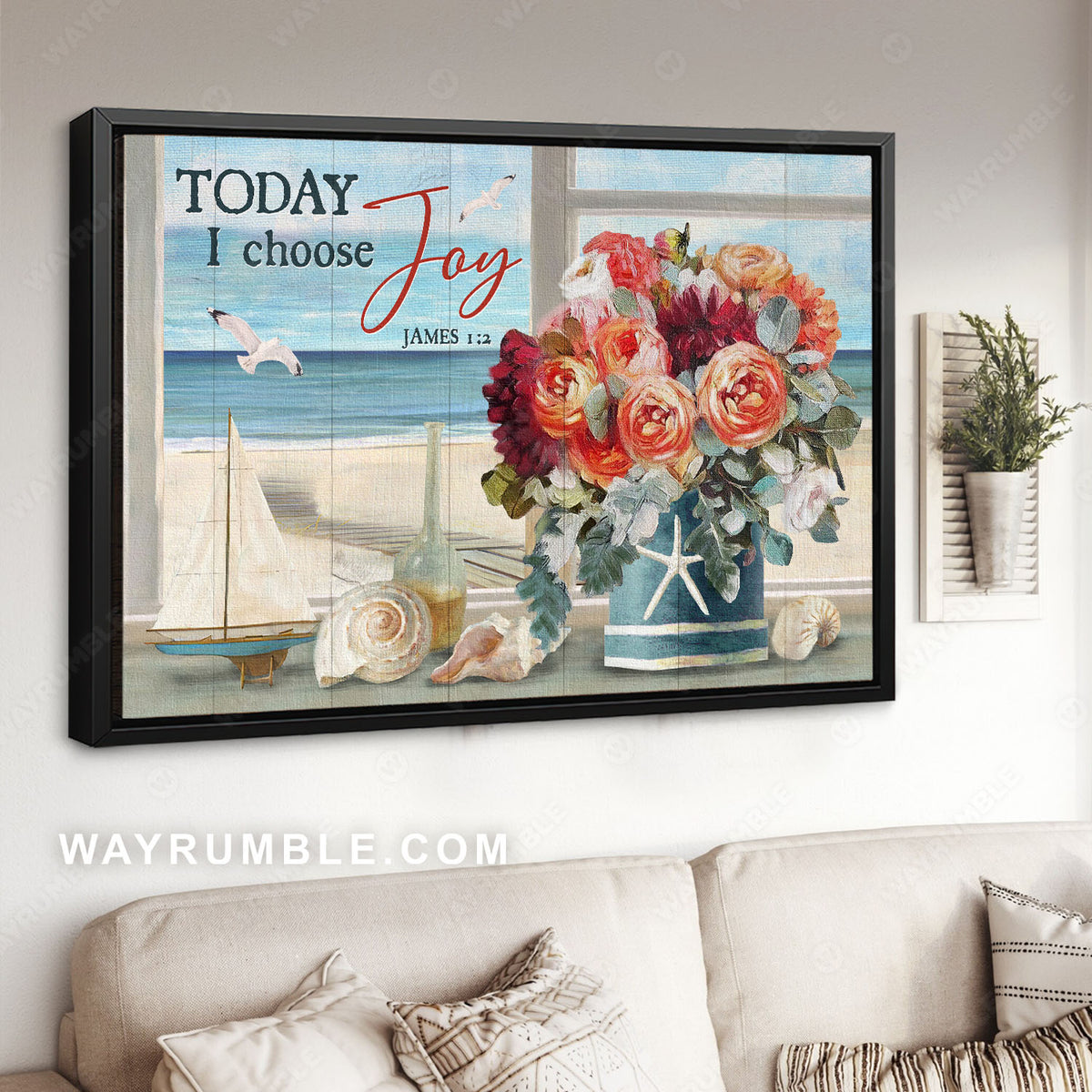 Ocean view, Orange rose vase, Seagull, Today I choose joy - Jesus Landscape Canvas Prints, Christian Wall Art