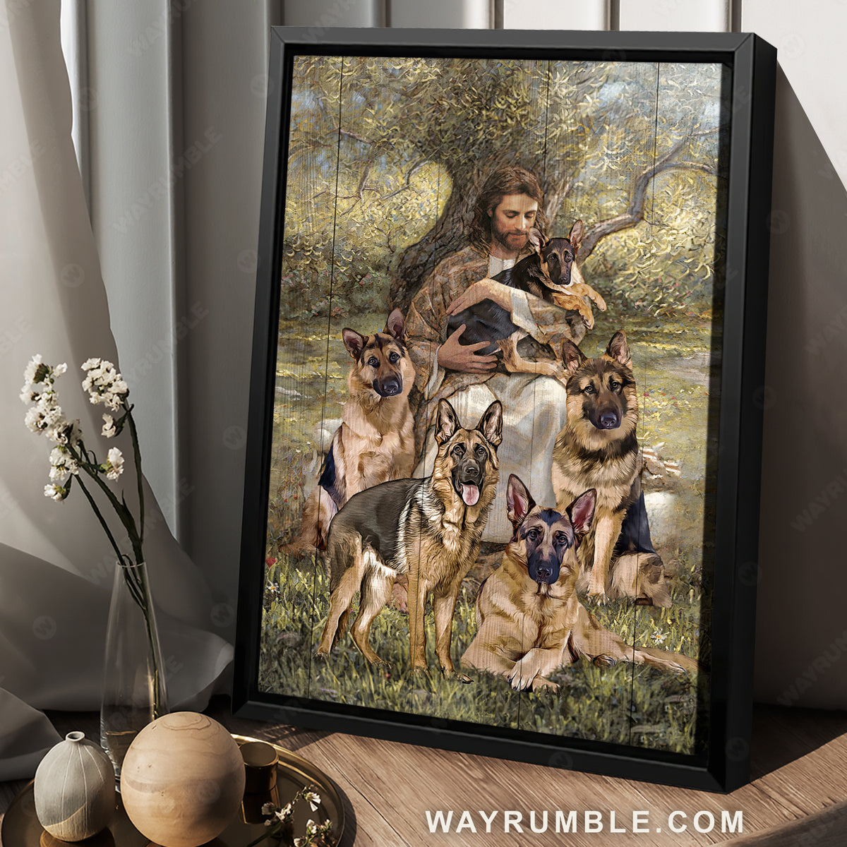 Cute German Shepherd, The world in his arm, Stunning forest - Jesus Portrait Canvas Prints, Home Decor Wall Art