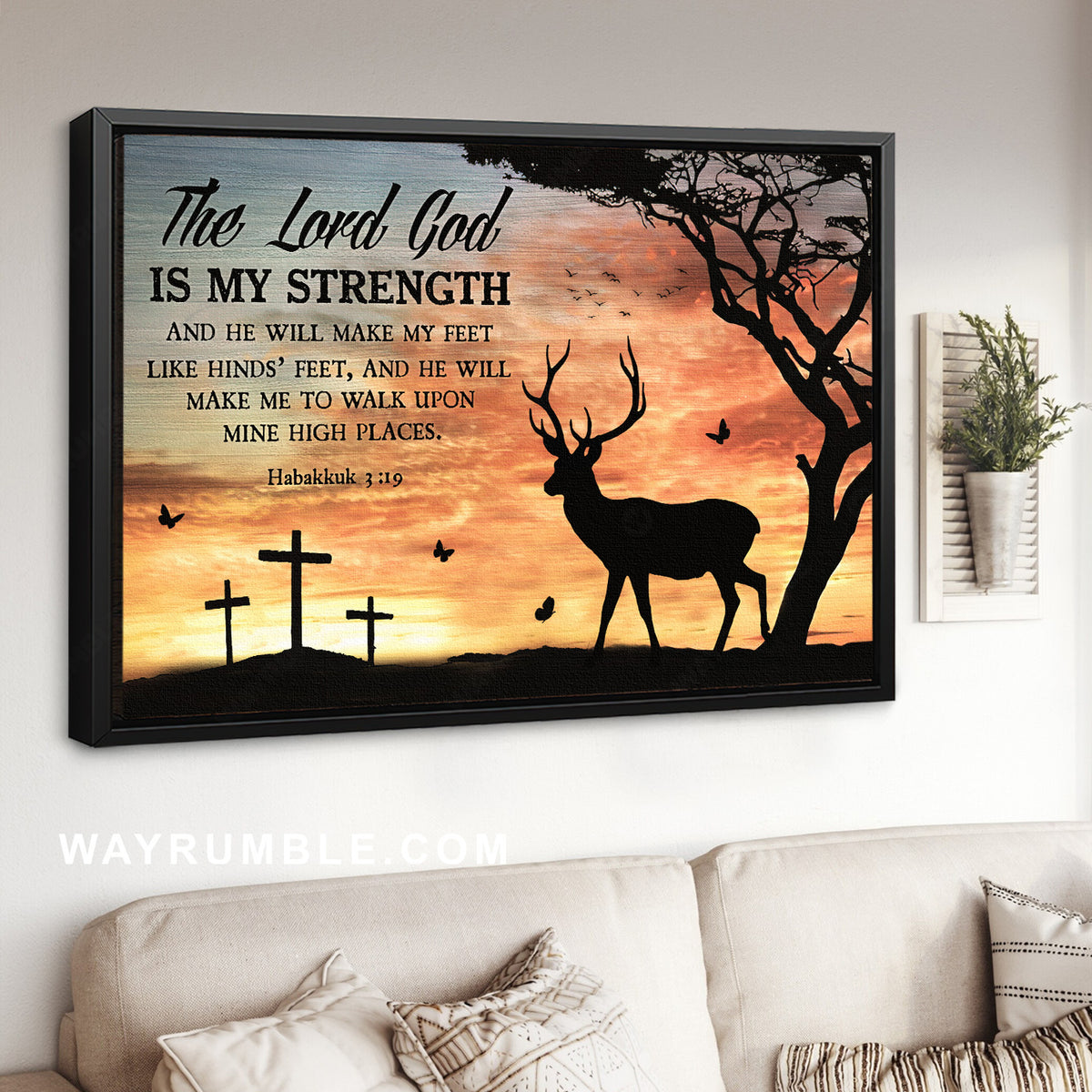 Stunning sunset, Cute deer, Cross symbol, The Lord God is my strength - Jesus Landscape Canvas Prints, Home Decor Wall Art