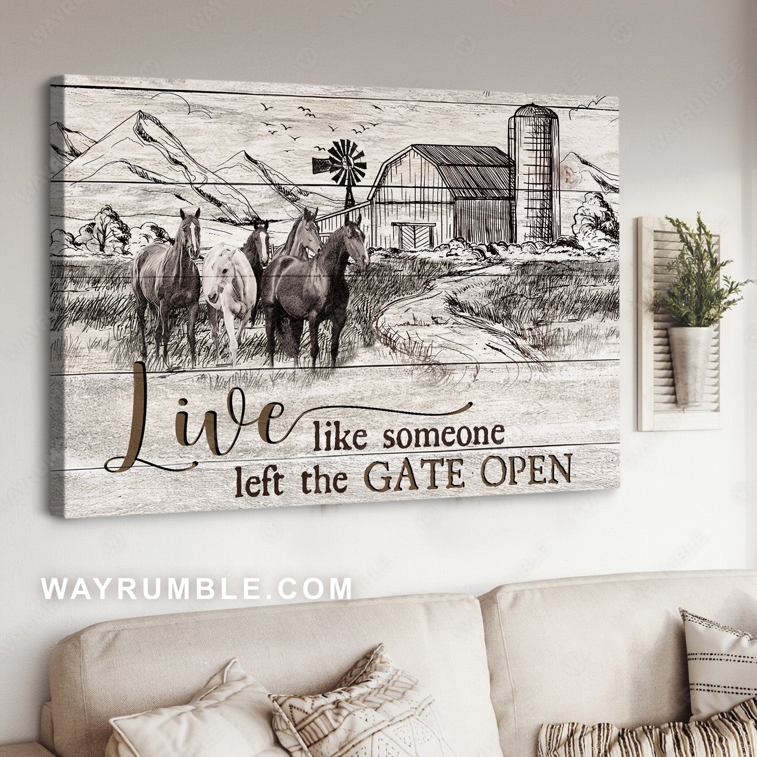 Horse drawing, Black and white painting, Live like someone - Jesus Landscape Canvas Prints, Christian Wall Art