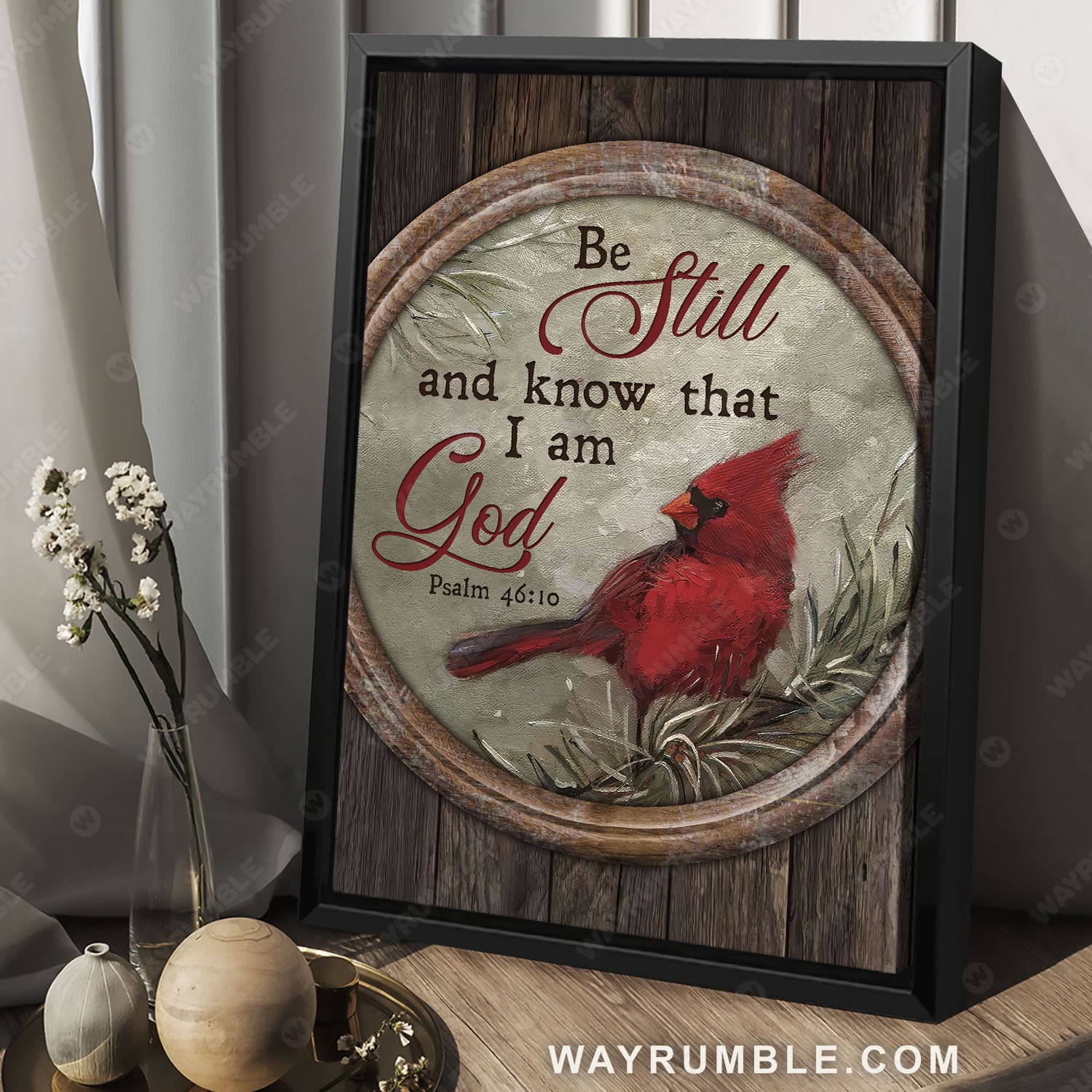 Red cardinal, Circle frame, Winter forest, Be still and know that I am God - Jesus Portrait Canvas Prints, Christian Wall Art